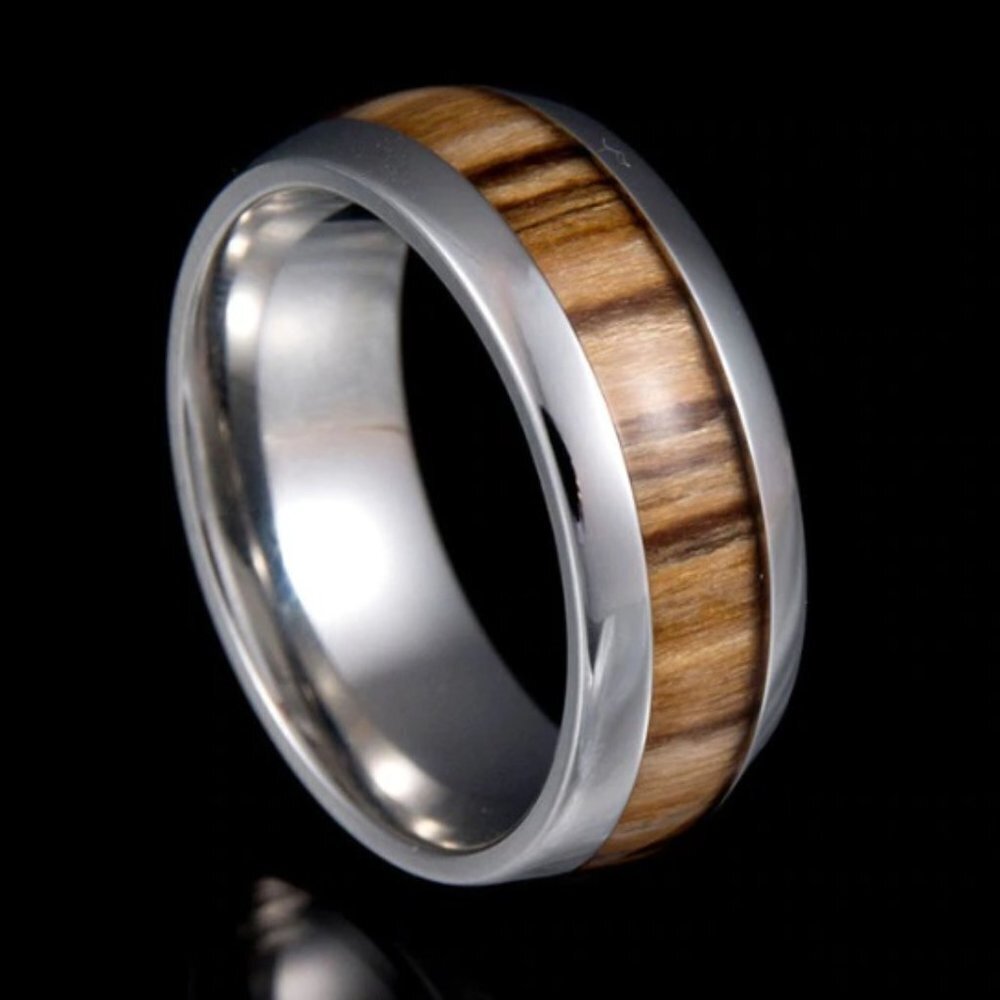 Jewelry ring band men mens 8mm wide silver tone stainless steel size 10 wood new